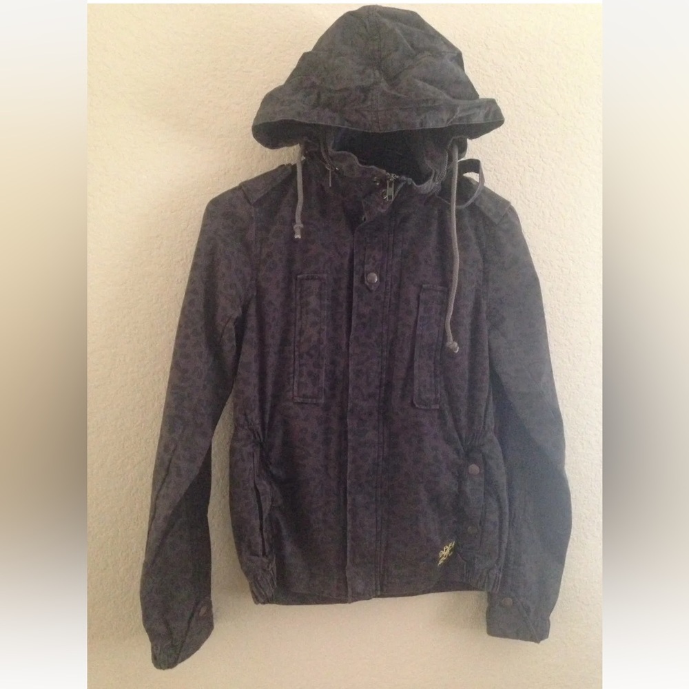 WOMENS OBEY POSSE BLACK CHARCOAL GRAY LEOPARD ZIP JACKET w/ HIDDEN HOOD SMALL